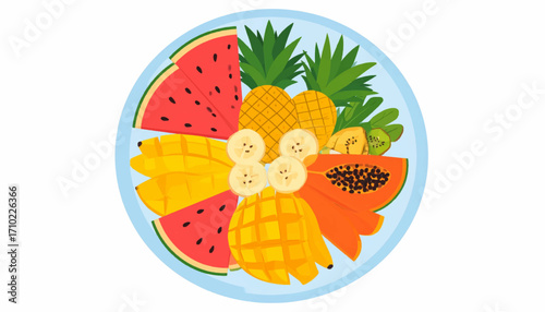 Tropical Fruit Platter with Watermelon, Pineapple, Mango, and Banana Slices on a Plate
