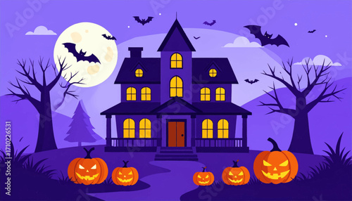 Spooky Halloween Night Haunted House, Pumpkins, Bats & Moonlight