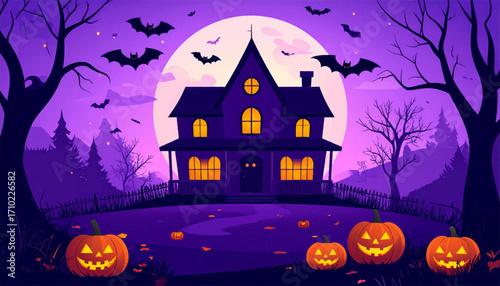 Spooky Halloween Night Haunted House and Jack-o'-lanterns under the Full Moon