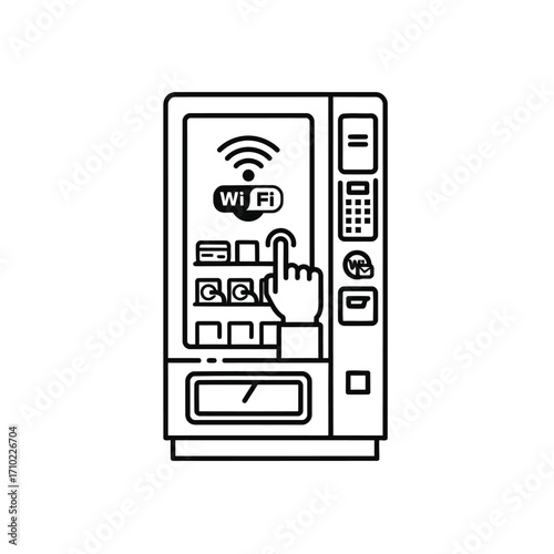 Line art icon of a hand selecting an item from a modern smart vending machine with Wi-Fi connectivity.