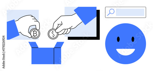 Hands placing cryptocurrency and dollar coins into a box, search bar, and smiling face. Ideal for fundraising, charity, cryptocurrency, online payment, e-commerce, finance simple landing page