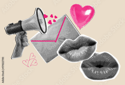 Collage elements for valentine's day cut from paper with halftone effect,hand holding megaphone,envelope with hearts,lips and balloon