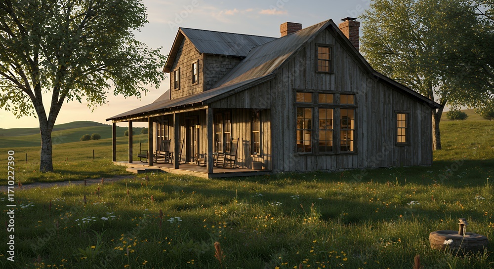 Fototapeta premium Rustic farmhouse in meadow