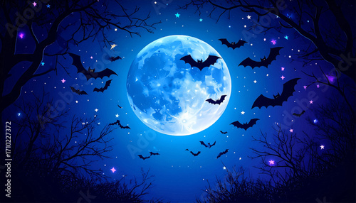 Enchanting Halloween night with a luminous full moon illuminating a sky filled with silhouetted bats and twinkling stars creating a magical atmosphere