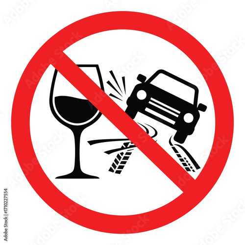 A red circle with a diagonal line through it, indicating prohibition, superimposed over an image of a wine glass and a car skidding on a road.