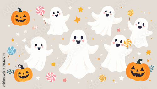 Cute Halloween Ghosts and Pumpkins illustration - Festive Autumn Holiday Design