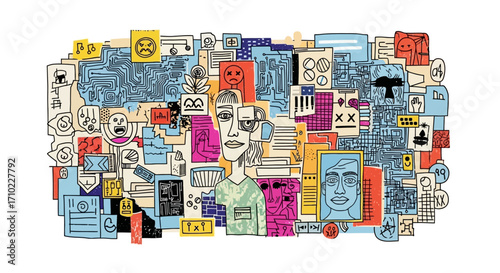 Elaborate doodle illustration representing the concept of information overload and mental clutter in the digital world
