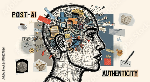 Surreal illustration of the human mind as a complex machine, exploring identity and authenticity in the age of AI