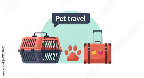 Vector illustration of accessories for pet-friendly travel, including a portable kennel, suitcase, and paw print icon on a simple background