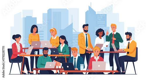 Flat vector illustration of a diverse team of business people working together in a modern co-working office space with a city skyline background