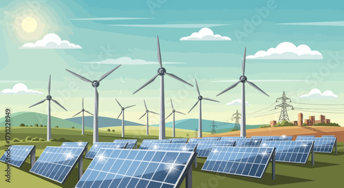 Clean Energy Wind Turbines and Solar Panels in a Sustainable Landscape