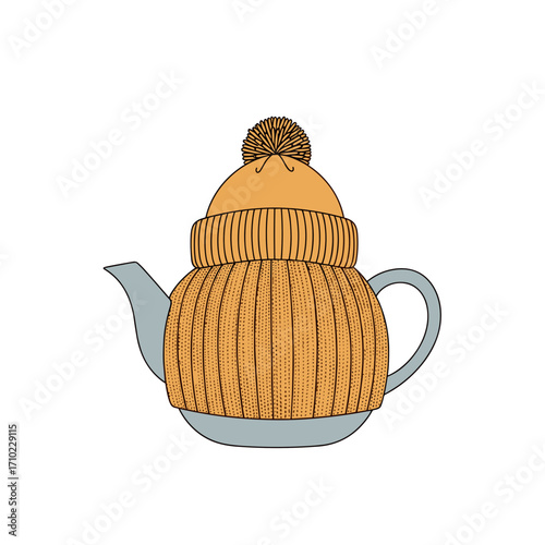 Teapot in knitted cozy isolated on transparent background