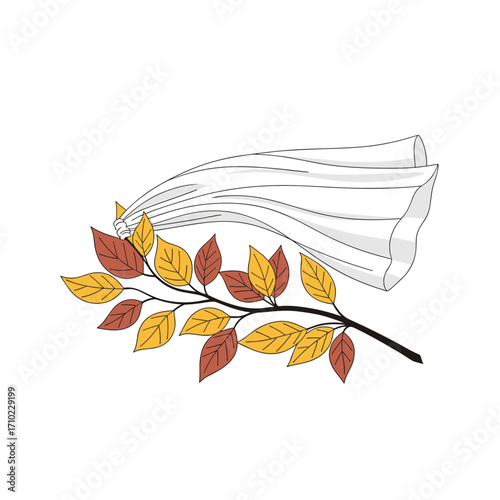 Bridal veil caught on autumn branch isolated on transparent background