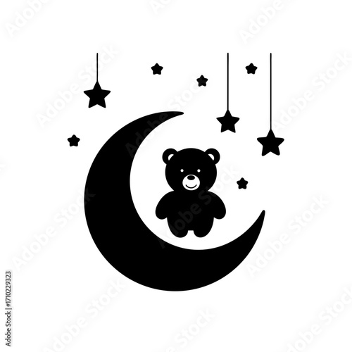 Silhouette of bear on moon with stars above on transparent background