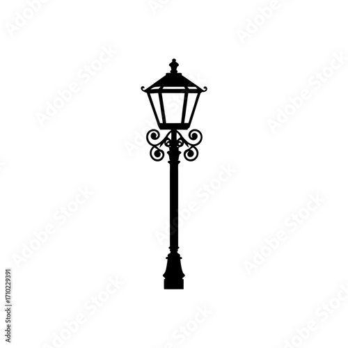 Silhouette of an ornate street lamp post on transparent background