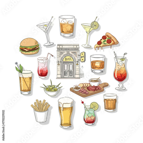 A circular arrangement of bar food, drinks, and building illustration.