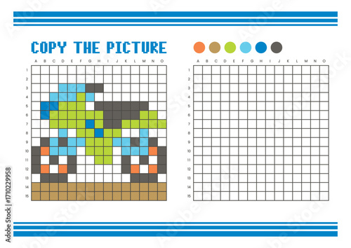 Copy the picture grid drawing worksheet for kids. Pixel art motorcycle