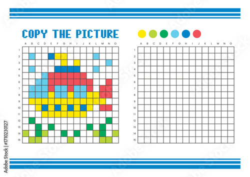 Copy the picture grid drawing worksheet for kids. Pixel art submarine