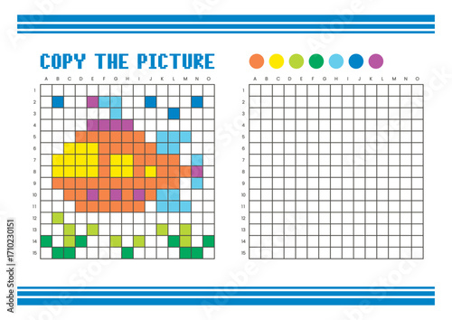 Copy the picture grid drawing worksheet for kids. Pixel art submarine