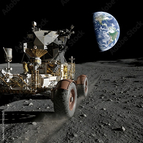 A lunar rover traverses the moon's surface, with the Earth visible in the background.