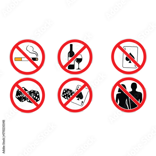 A collection of six prohibition signs indicating activities that are not allowed, including smoking, drinking, gambling, and entry for couples.