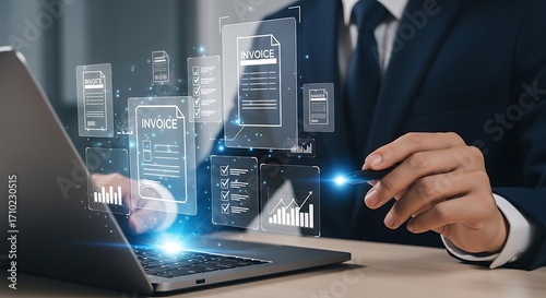 Businessman Managing Digital Invoices and Documents on Laptop, Paperless Billing and Financial Management Concept.