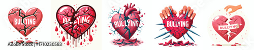 A symbol of a broken heart with the word "bullying". Vector, illustration, icon set