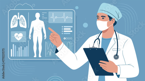 Doctor pointing at medical data screen holding clipboard
