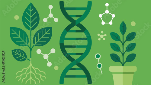 Illustration of dna molecule and plants on green background