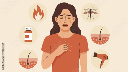 Woman with skin irritation and allergy symptoms illustration