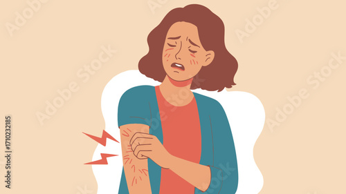 Woman with skin condition scratching arm in distress pose