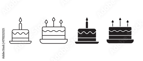 Cake icon set. isolated on white background, birthday cake with candle vector.