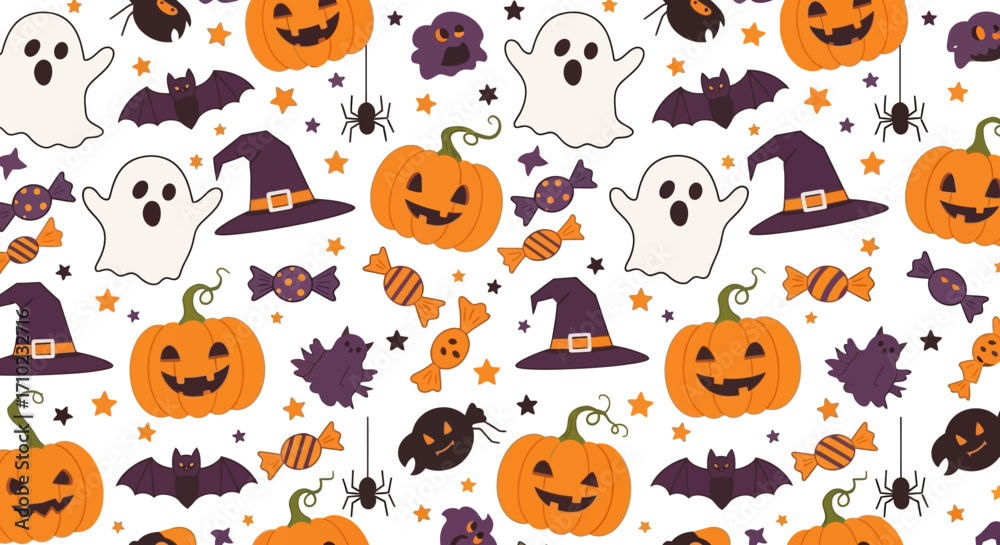 Obraz premium Flat lay Halloween pattern featuring pumpkins, ghosts, bats, witches' hats, and candy corn against a white background with an orange and purple color scheme.
