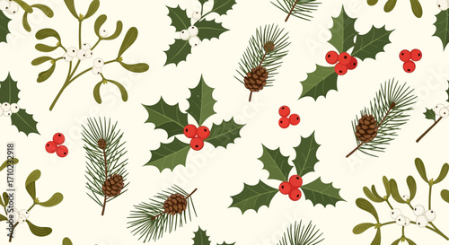 Seamless pattern of holly, mistletoe, pine cones, and berries on a white background, featuring a festive Christmas design in green and red tones, illustrated in a flat