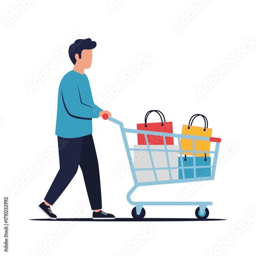 A man pushing a shopping cart filled with colorful shopping bags; flat vector illustration with a minimalist style and a neutral color palette against a white background.