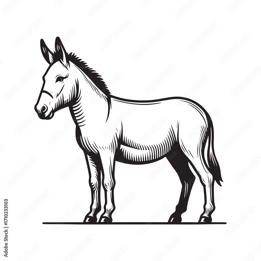 Obraz premium Donkey Standing Pose – Black and White Vector Line Art Farm Animal Illustration