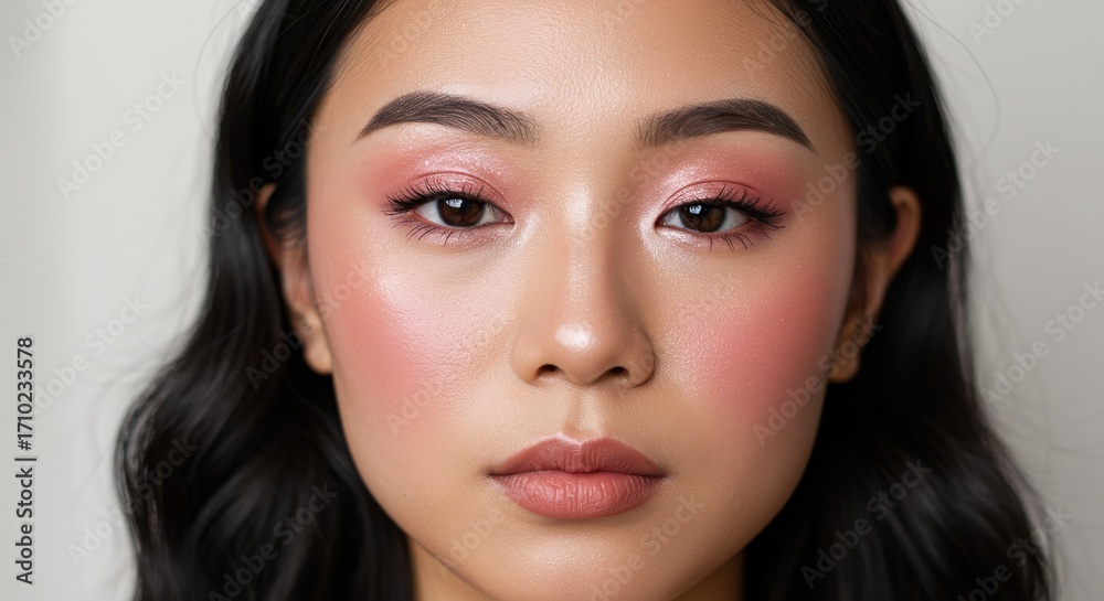 Obraz premium Close-up portrait of a woman with delicate, rosy makeup, showcasing a soft, subtle beauty.