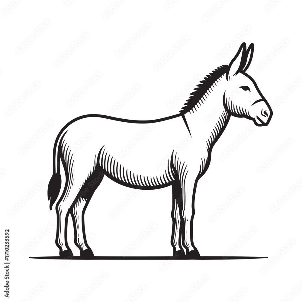 Fototapeta premium Donkey Standing Pose – Black and White Vector Line Art Farm Animal Illustration