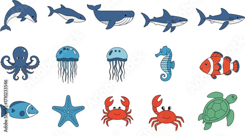 Flat lay illustration of various ocean animals, including a whale, dolphin, shark, jellyfish, octopus, seahorse, and crab, in a blue and green color scheme against a