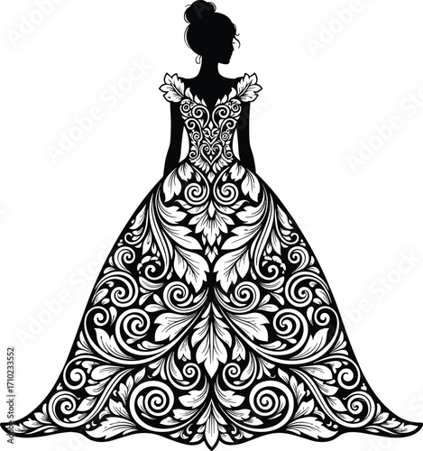 Elegant woman silhouette in ornate floral gown, vintage decorative dress vector, stylish feminine fashion illustration, intricate design, wedding art