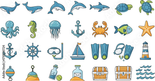 Collection of colorful cartoon sea creature and nautical icons; flat design style; against white background; conveying a playful mood.