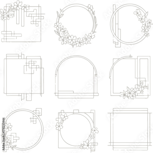 Create a kinds of deferent Black and white Japanese frame set vector art with white background.