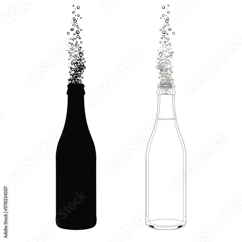 Two champagne bottles, one a black silhouette and the other a white outline, both with bubbles fizzing out.