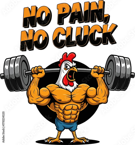 Muscular rooster lifting weights, cartoon illustration,  'No pain, no cluck' text overlay, against white background, humorous style, bright color palette.