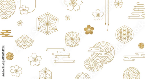 Create a kinds of deferent Chic gold Japanese style vector art with white background..