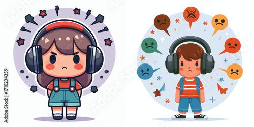 A child wears large headphones to ignore the taunts. Vector, illustration, icon set