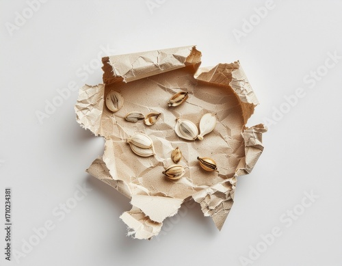 A minimalist overhead view of empty nut shells scattered on a piece of torn, crumpled brown craft paper
