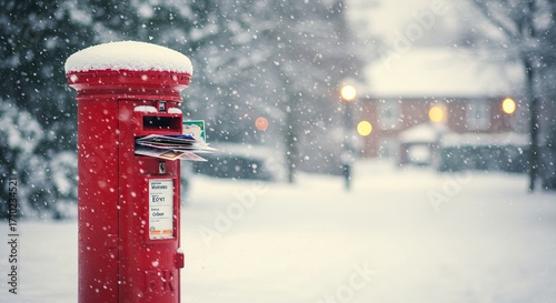 Red Post Box Covered in Snow During a Winter Snowfall.