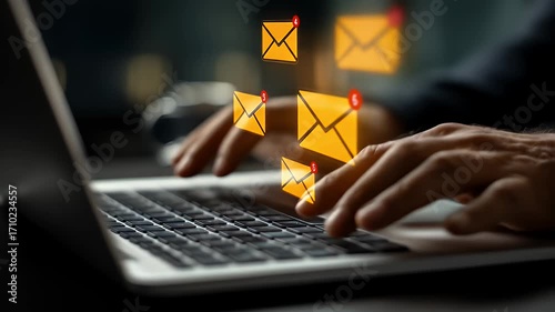 Hands Typing On Laptop Keyboard With Yellow Email Icons Overlay In Dark Room
