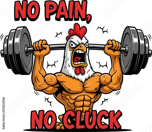Close-up illustration of a muscular rooster lifting a barbell, showcasing a determined expression, with bold red text overlay against a white background, conveying a